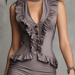 Vintage Elegant Faux-Denim Ruffle Midi Dress