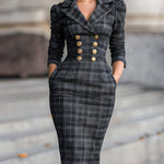 Bodycon Long Sleeves Buttoned Plaid Pockets Notched Collar Midi Dresses