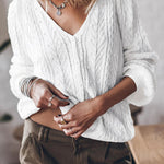 White Solid Cable Knit V Neck Puff Sleeve Cardigan