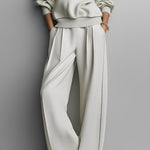 Women's Beige Textured Knit Co-Ord Set With Contrast Piping & Pleated Pants, Effortless Chic Style Set