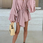 Molly Linen Blend Tiered Bell Sleeve Tie-up Cover-up Mini Dress