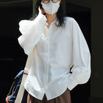 Casual Loose Puff Sleeves Solid Color Lapel Blouses
