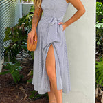BLACK STRIPED MIDI DRESS WITH POCKETS