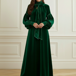 A-Line Long Sleeves Bow-Embellished Pleated Solid Color Split-Joint High Neck Maxi Dresses