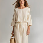 Women's Ivory Cotton Set With Boat Neck & Elastic Waist, Timeless Minimalist-Casual Style Set