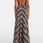Jodie Knit Colorful Herringbone Print Halter Open Back Maxi Dress