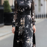 Printed Satin Shirt Midi Dress With Chiffon Sleeves