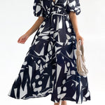 Elegant V-neck slim waist large swing skirt printed dress