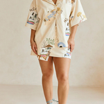 Kea Linen Blend Unique Print Short Sleeve Shirt and High Rise Wrap Panel Miniskirt Set
