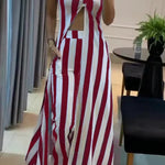Striped Print Off-Shoulder Long Casual Top and Loose Pocket Straight Pants Set