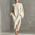 Women's Cream Elegant Faux Mink Knit Asymmetric Slit Midi Dress
