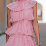 Elegant Pink Pleated Tiered Ruffle Maxi Gown
