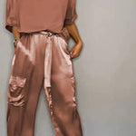 Satin Gloss Drawstring Waist-Defining Wide-Leg Workwear Set