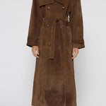 Vintage Caramel Brown Suede Long Trench Coat