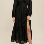 V Neck Bowknot Cutout Frill Tiered Maxi Dress