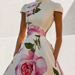 Short Sleeves Skinny Flower Print Stand Collar Midi Dresses