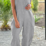 V-neck wide-leg pants suspenders solid color long jumpsuit