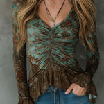 Boho Sage And Bronze Floral Ruched Ruffle Hem Blouse