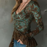 Boho Sage And Bronze Floral Ruched Ruffle Hem Blouse
