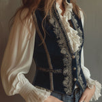Vintage Baroque Navy Blue Velvet Embroidered Vest