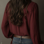 Boho V-Neck Deep Wine Red Blouse With Lace Cuffs