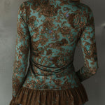 Boho Sage And Bronze Floral Ruched Ruffle Hem Blouse
