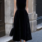 Classic Sleeveless Velvet A-Line Midi Dress With Pockets