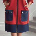 Long Sleeves Loose Contrast Color Pockets Split-Joint Zipper Round-Neck Midi Dresses