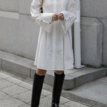 Long Sleeves Buttoned Pleated Solid Color Lapel Midi Dresses Shirt Dress