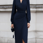 Navy V-Neck Ruched Wrap Midi Dress With Bishop Sleeves