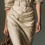 Women's Beige Linen Fabric Button-Front Shirt Dress