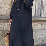 Cotton linen solid color long-sleeved V-neck button long jumpsuit