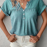 Solid Button V Neck Short Sleeve Top