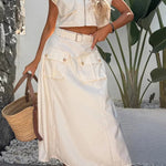 Athleisure Zipper Pocket Sleeveless Jacket and Belted Cargo Midi Skirt Set