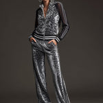 Sporty Retro Striped Mesh Sleeve Gray Leopard Print Velvet Sweatshirt And Pants Set