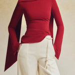 Flared Sleeves Long Sleeves Solid Color Zipper Boat Neck T-Shirts Tops