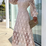 Romantic, Sensual and Elegant Crochet Lace Lantern Sleeve Party Midi Dress