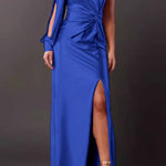 One-shoulder satin twisted high-slit maxi dress