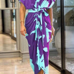 V-Neck Pleated Belt Short Sleeve Dress
