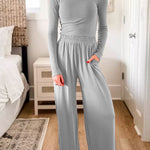 Long Sleeves Slim Fit Top Elastic Waist Wide Leg Pants Loungewear Set
