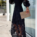 Margovil Mockneck Puff Sleeves Lace Hollow Out Mid Dress