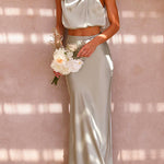 Margovil Turtleneck Sleeveless Crop Top High Waist Maxi Skirt Satin Set