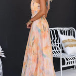 Halter Neck Open Back Waisted Watercolor Print Maxi Dress