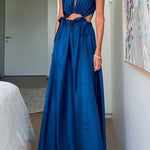 Midnight Charm Satin Ruched Cutout Tie-up Maxi Dress