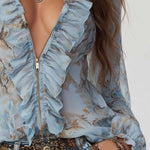 Ruffled Zip-Front Chiffon Blouse In Serene Blue Print