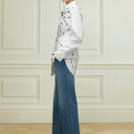 Long Sleeves Loose Brooch Elasticity Heart Shape Pleated Print Lapel Collar Blouses&Shirts Tops