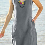 Chun color cotton and linen U-neck sleeveless pocket midi dress