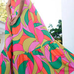 Multicolor Geometric Colorblock V Neck Tiered Maxi Dress