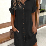 Loose Short Sleeves Buttoned Pockets Lapel Mini Dresses