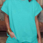 Women's Solid Textured Drawstring Shorts Set
